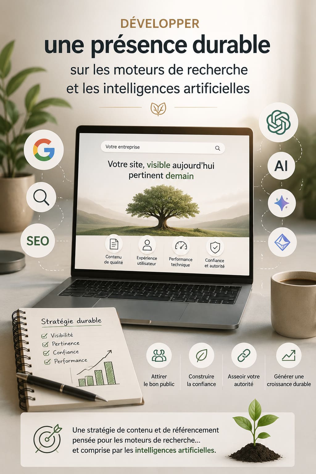 Développer une présence durable sur les moteurs de recherche et les intelligences artificielles Agence Crealys Montpellier