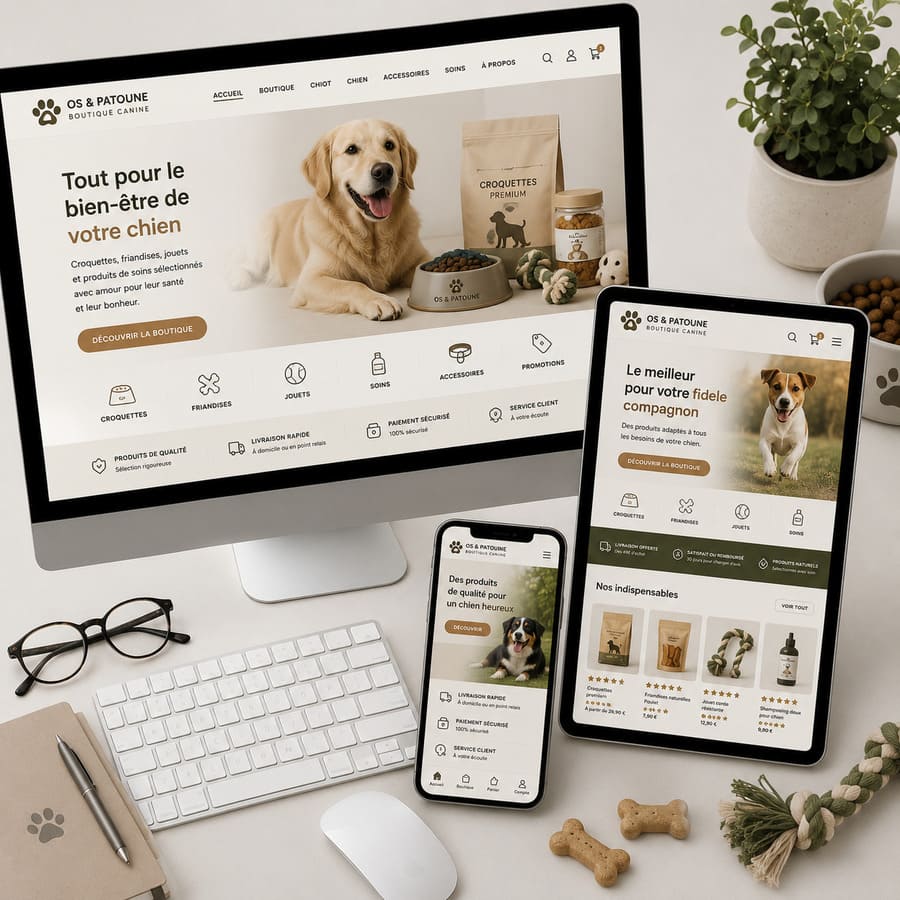 Création boutique ecommerce produits pour chiens croquettes, friandises, jouets, soins